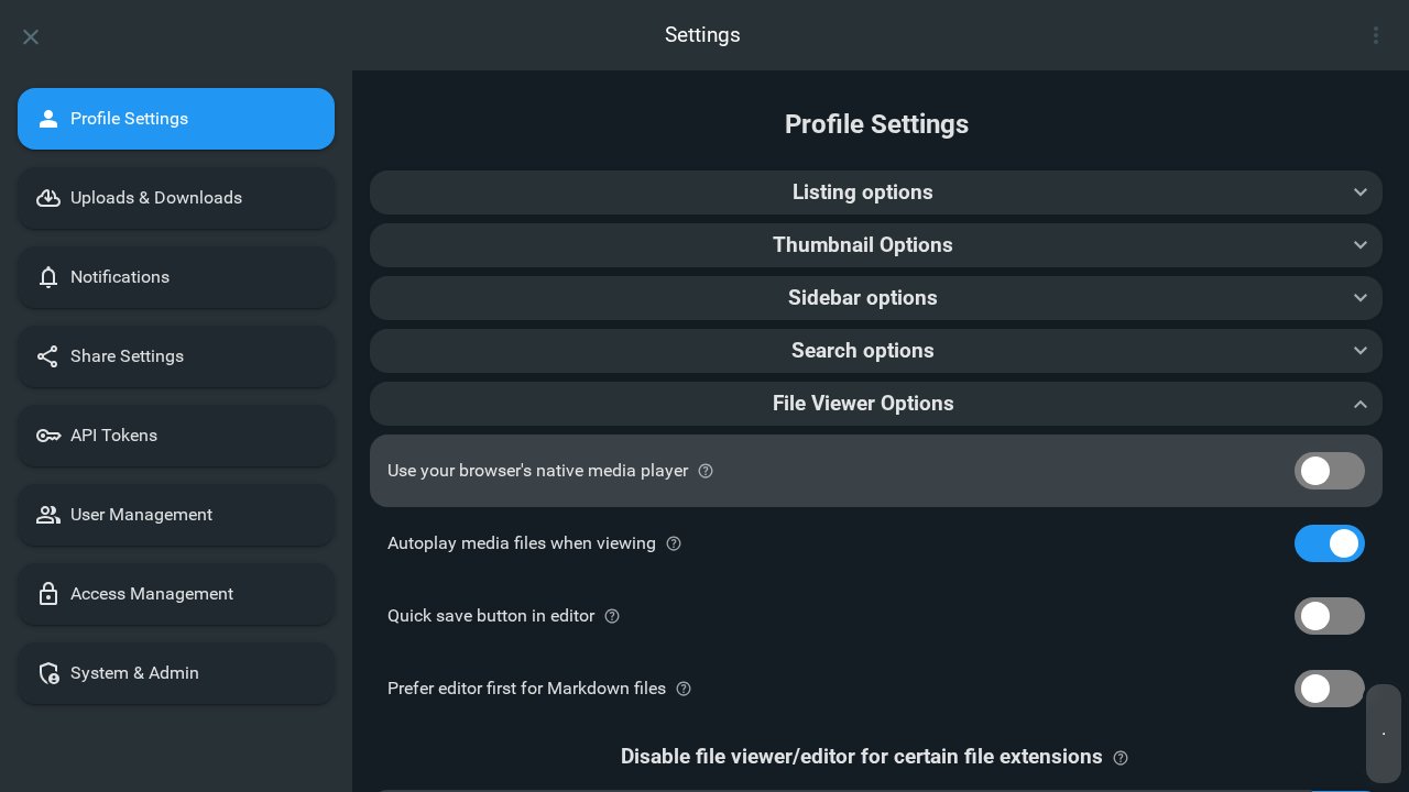 Profile settings showing File Viewer Options