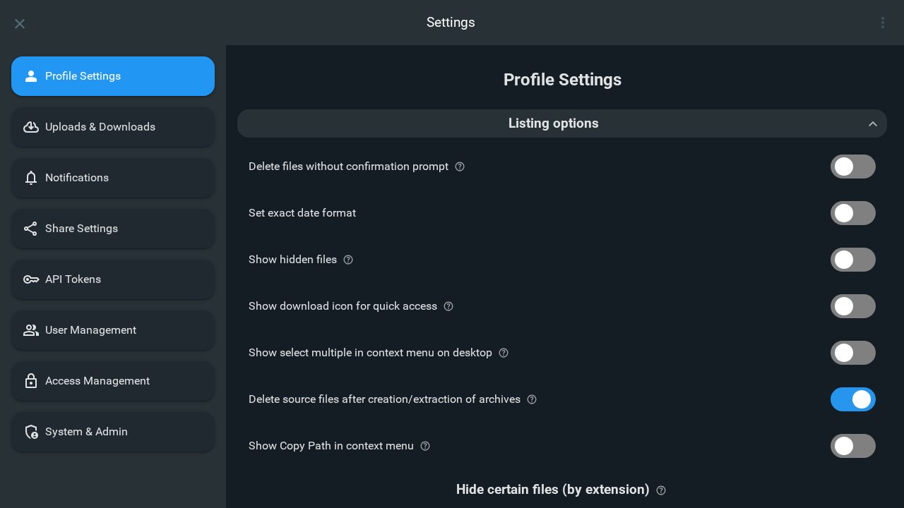 Profile settings showing Listing options toggles
