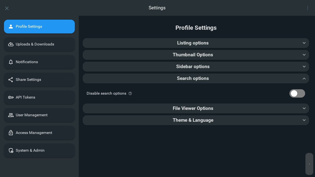 Profile settings showing Search options