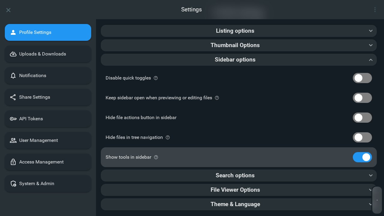 Profile settings showing Sidebar options toggles