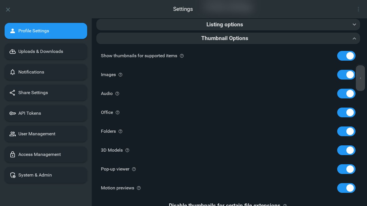 Profile settings showing Thumbnail Options toggles