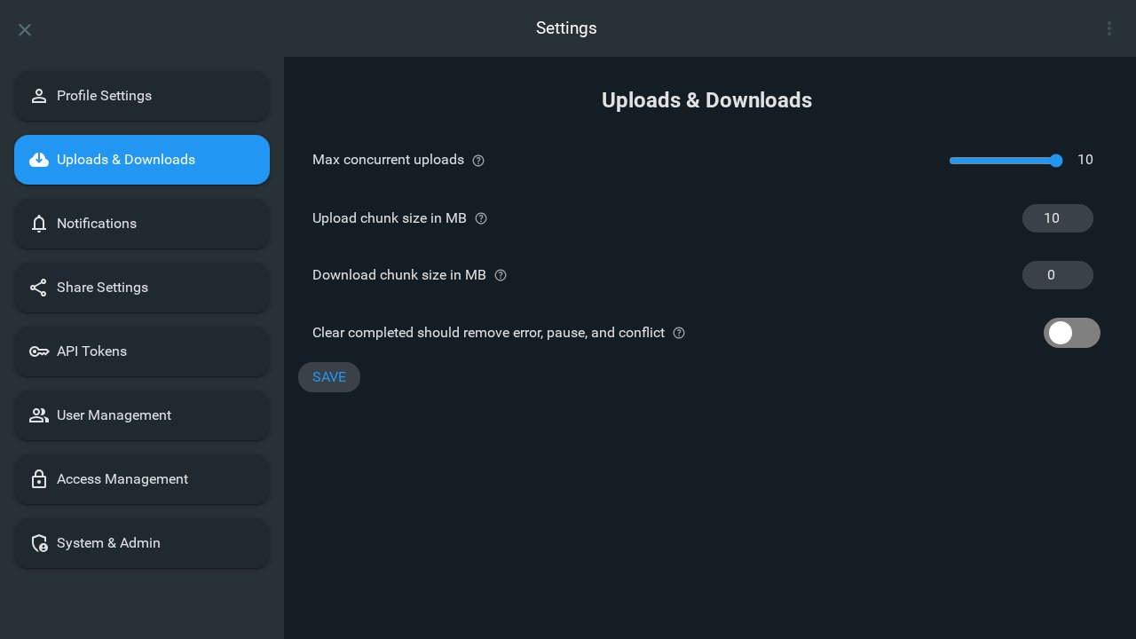Settings page Uploads & Downloads